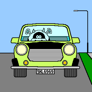 Gladys in a small car