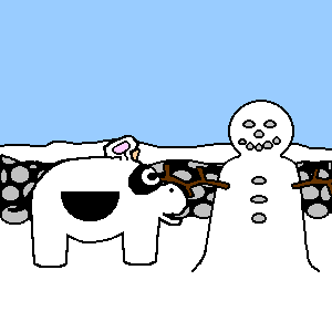 Gladys uses stones for the snowman's eyes, nose and mouth.