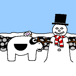 Gladys puts an old top hat and scarf on the snowman.
